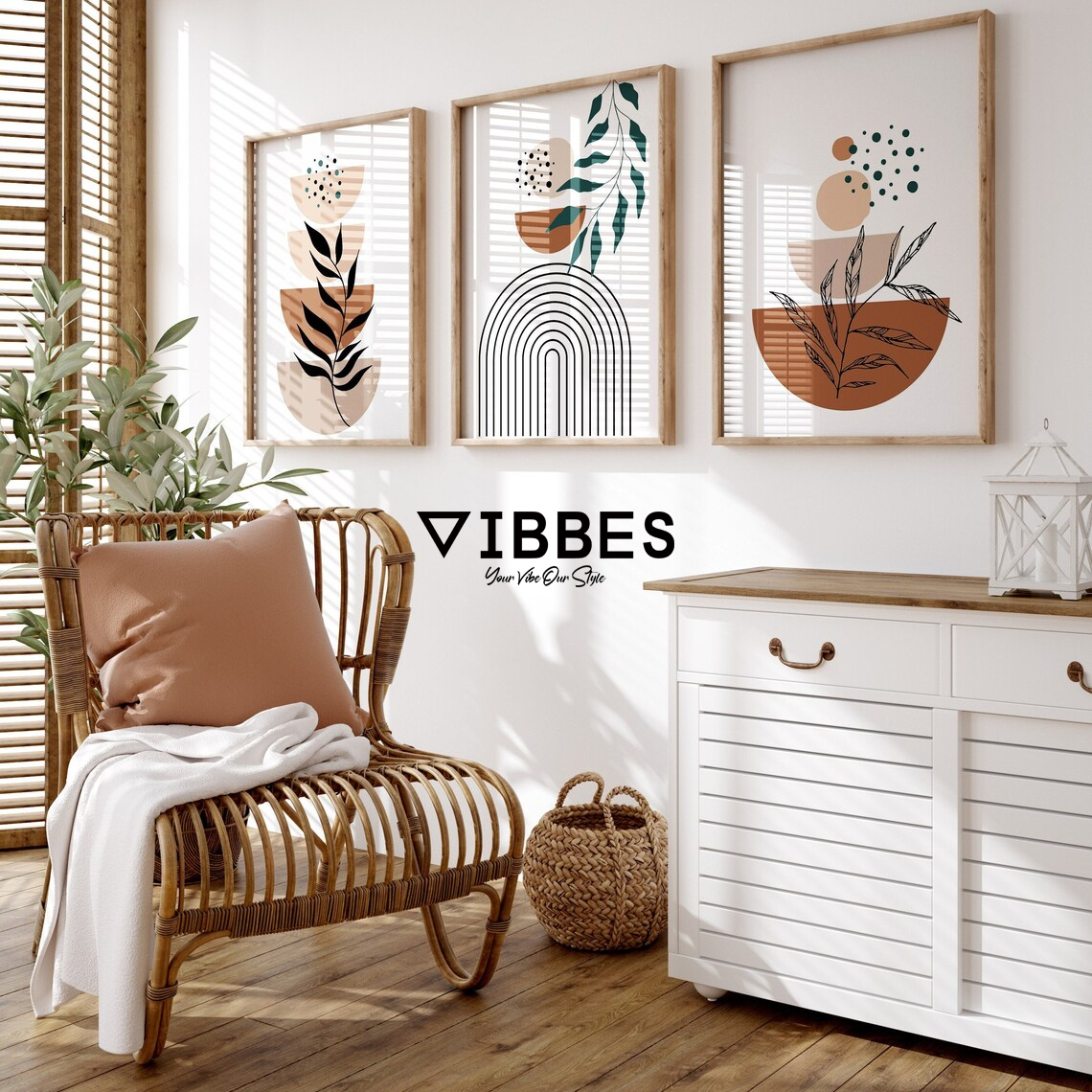 Modern Abstract Botanical Wall Art Set of 3 | Scandinavian Home Decor Paintings