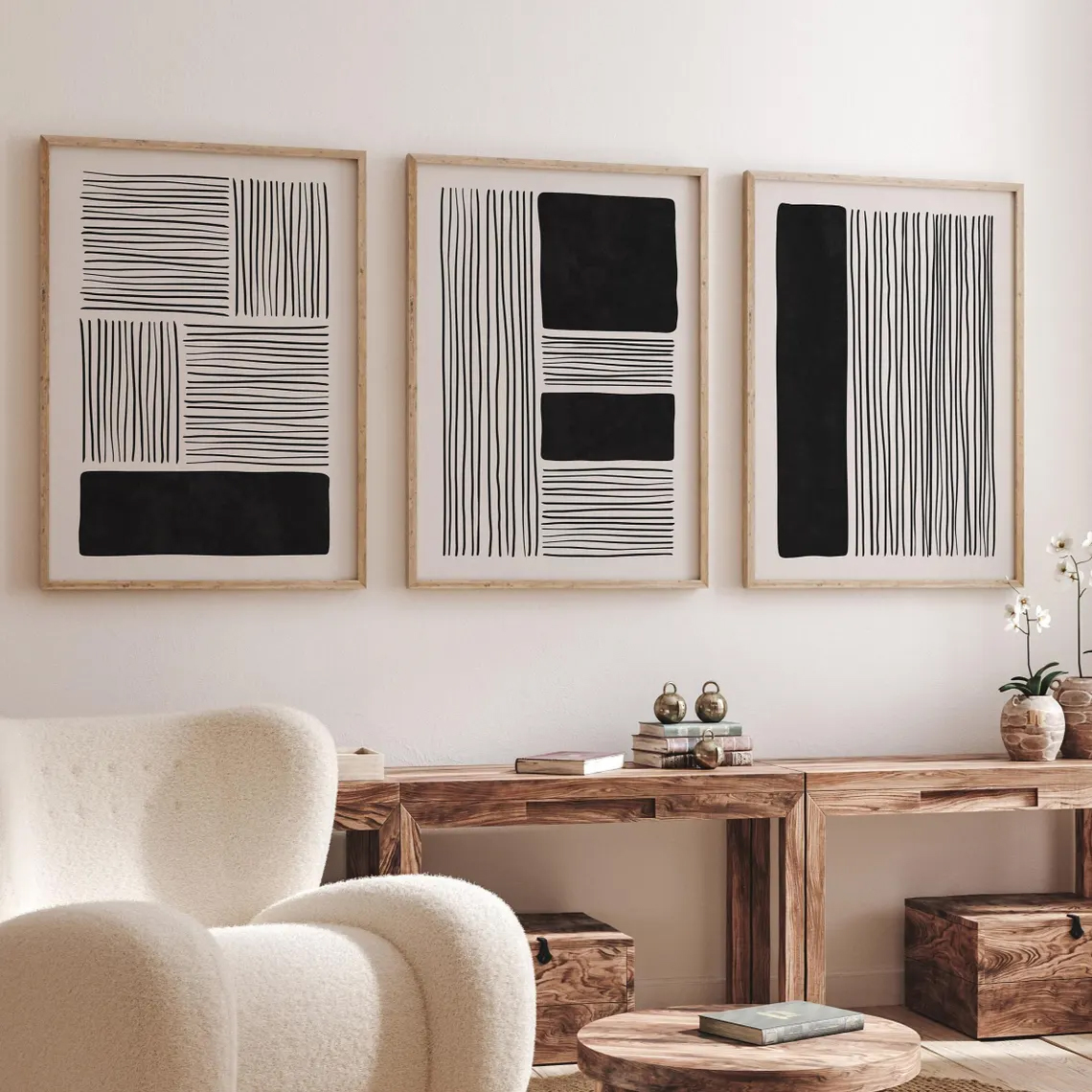 Modern Abstract Black Line Wall Art Set of 3 | Minimalist Geometric Wall Decor by VIBBES