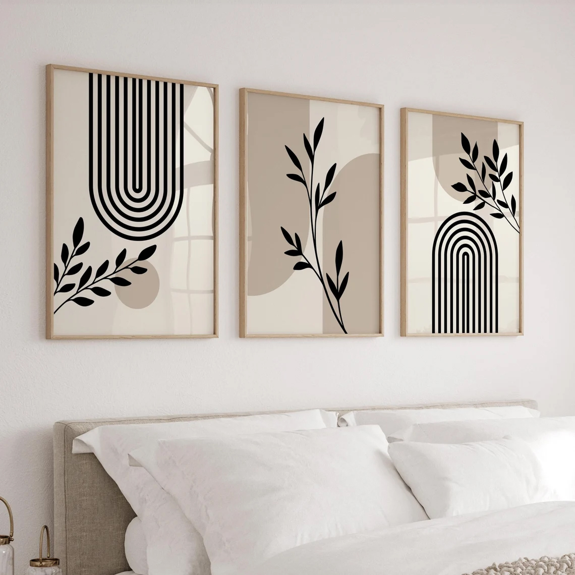 Modern Minimalist Abstract Wall Art Set of 3 Beige Botanical Wall Decor