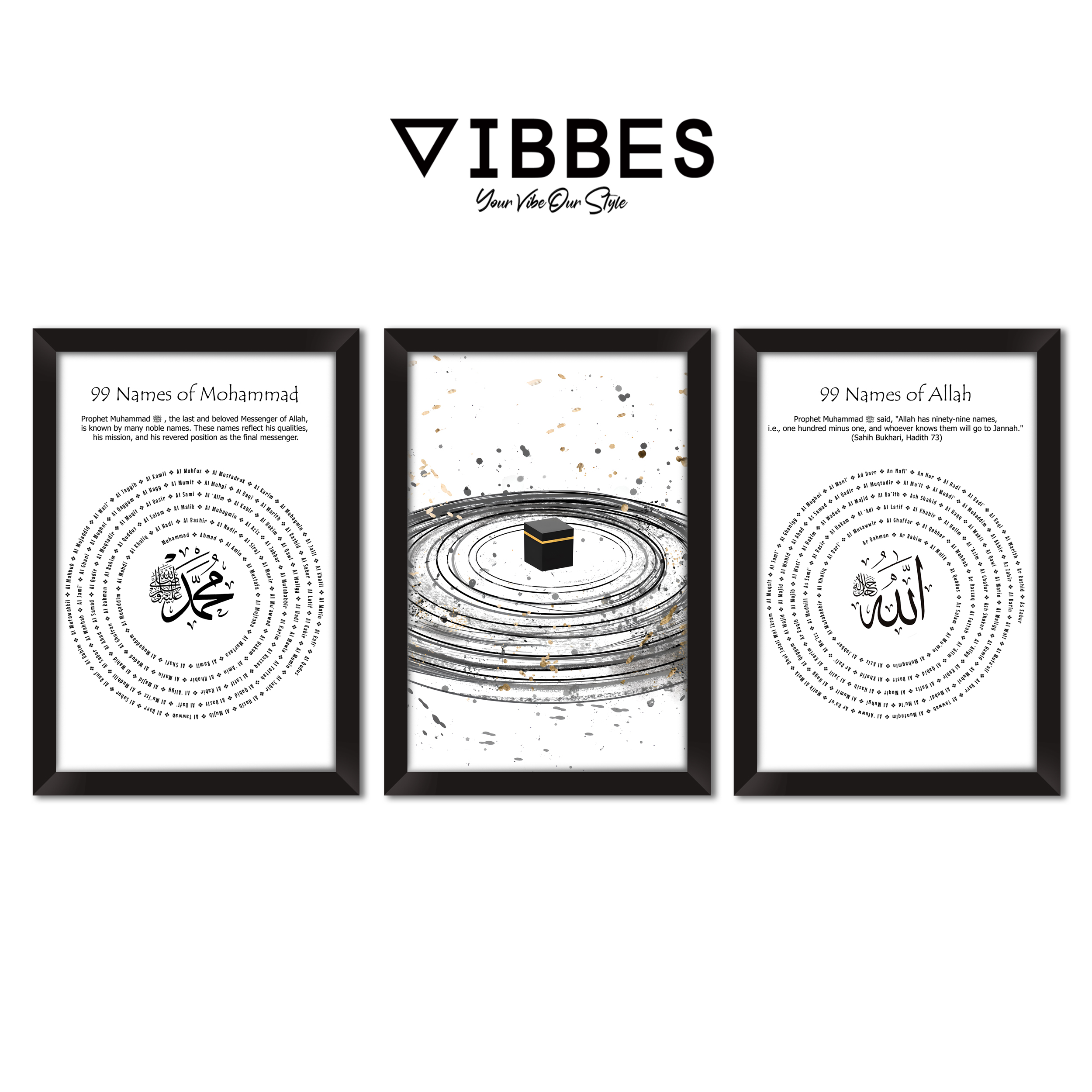 99 Names of Allah & Muhammad Kaaba Islamic Wall Art Set of 3