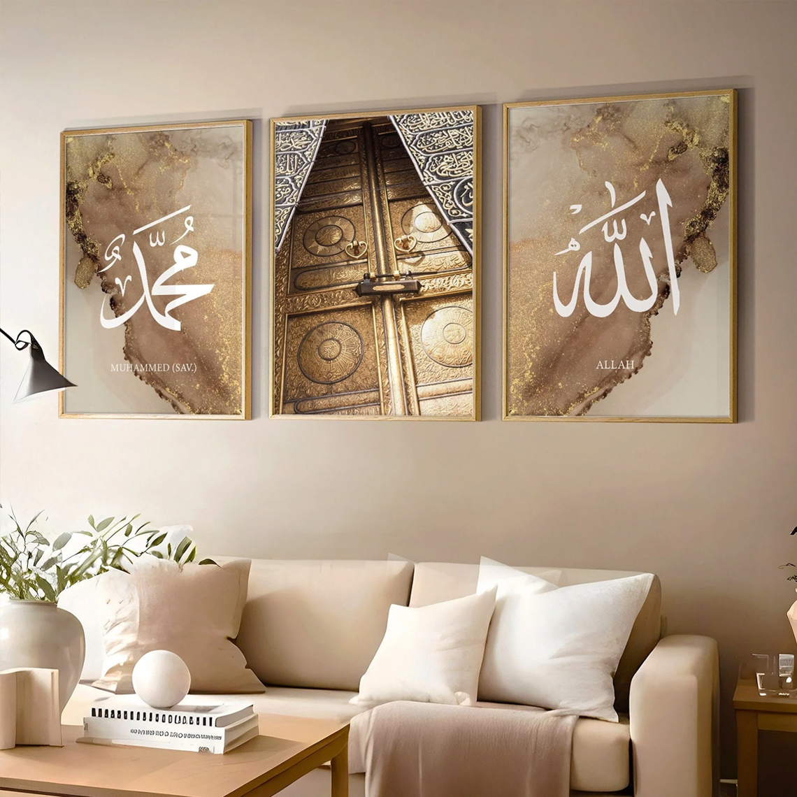 VIBBES Premium Islamic Wall Art Set of 3 – Allah Muhammad Kaaba Gold Marble