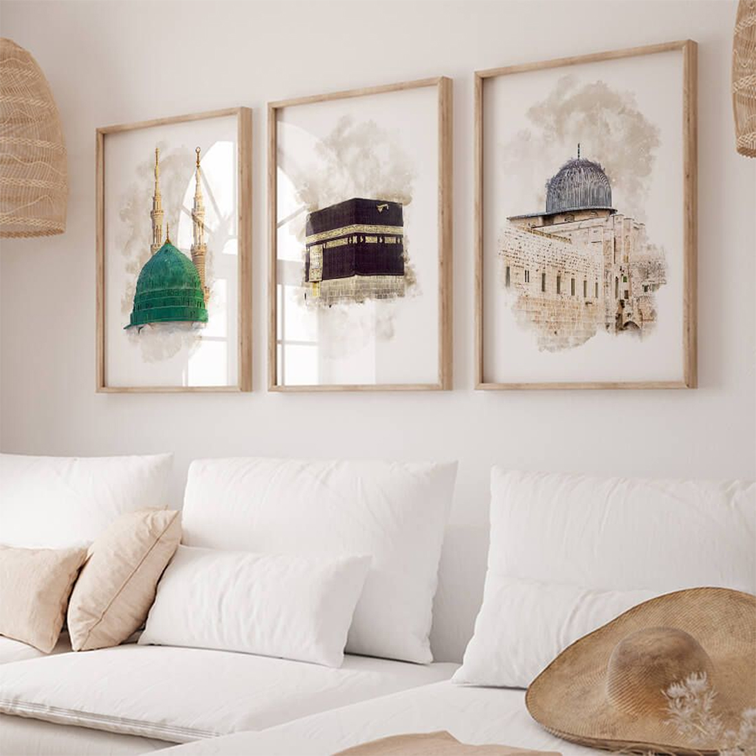Islamic Holy Places Minimalist Wall Art Set of 3 – Kaaba, Masjid Nabawi, Dome of the Rock