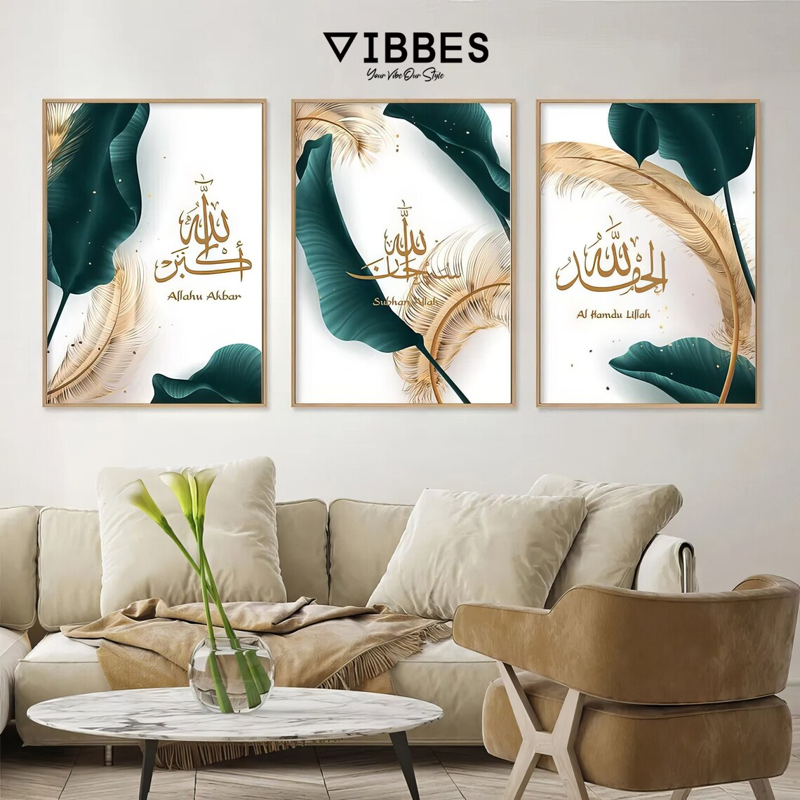 Luxury Islamic Calligraphy Wall Art Set of 3 Gold Leaf Allahu Akbar Subhanallah Alhamdulillah
