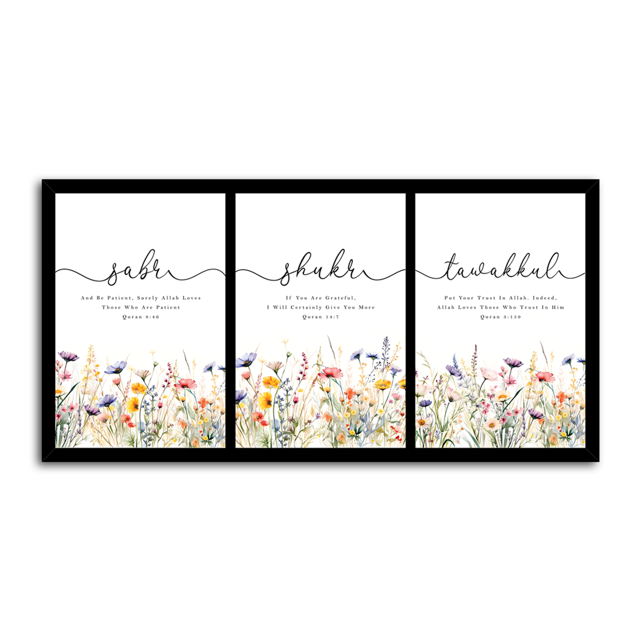 Sabr Shukr Tawakkul Floral Islamic Wall Art Set of 3 – Premium Framed Muslim Home Decor