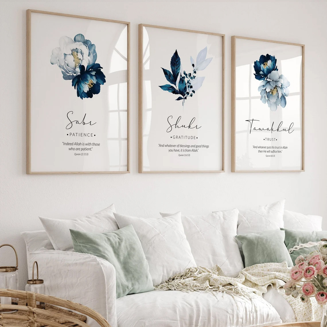 Floral Sabr Shukr Tawakkul Islamic Wall Art Set of 3 | Modern Muslim Wall Decor