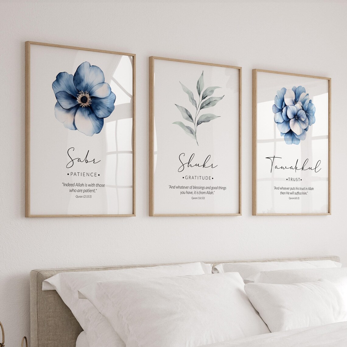 Blue Floral Islamic Wall Art Set Sabr Shukr Tawakkul | Premium Muslim Wall Decor – VIBBES